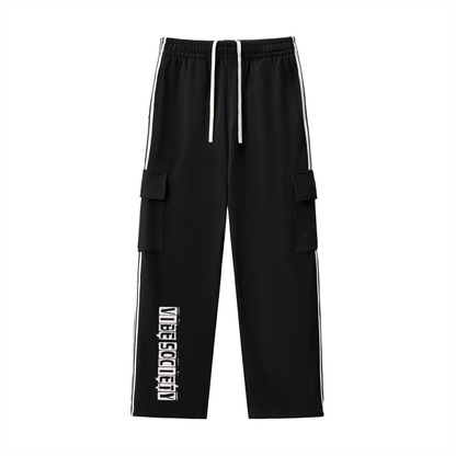 Black Vibe Society Side Stripe Pants with white stripes and cargo pockets, loose fit with drawstring waistband