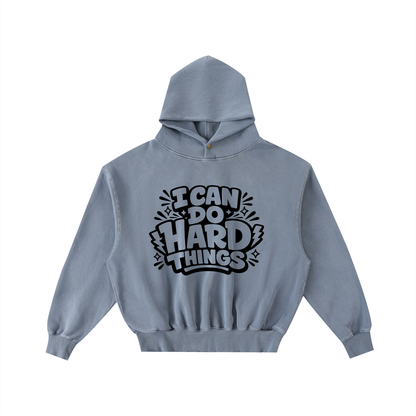 I Can Do Hard Things Frayed Wash Hoodie in Blue, unisex streetwear