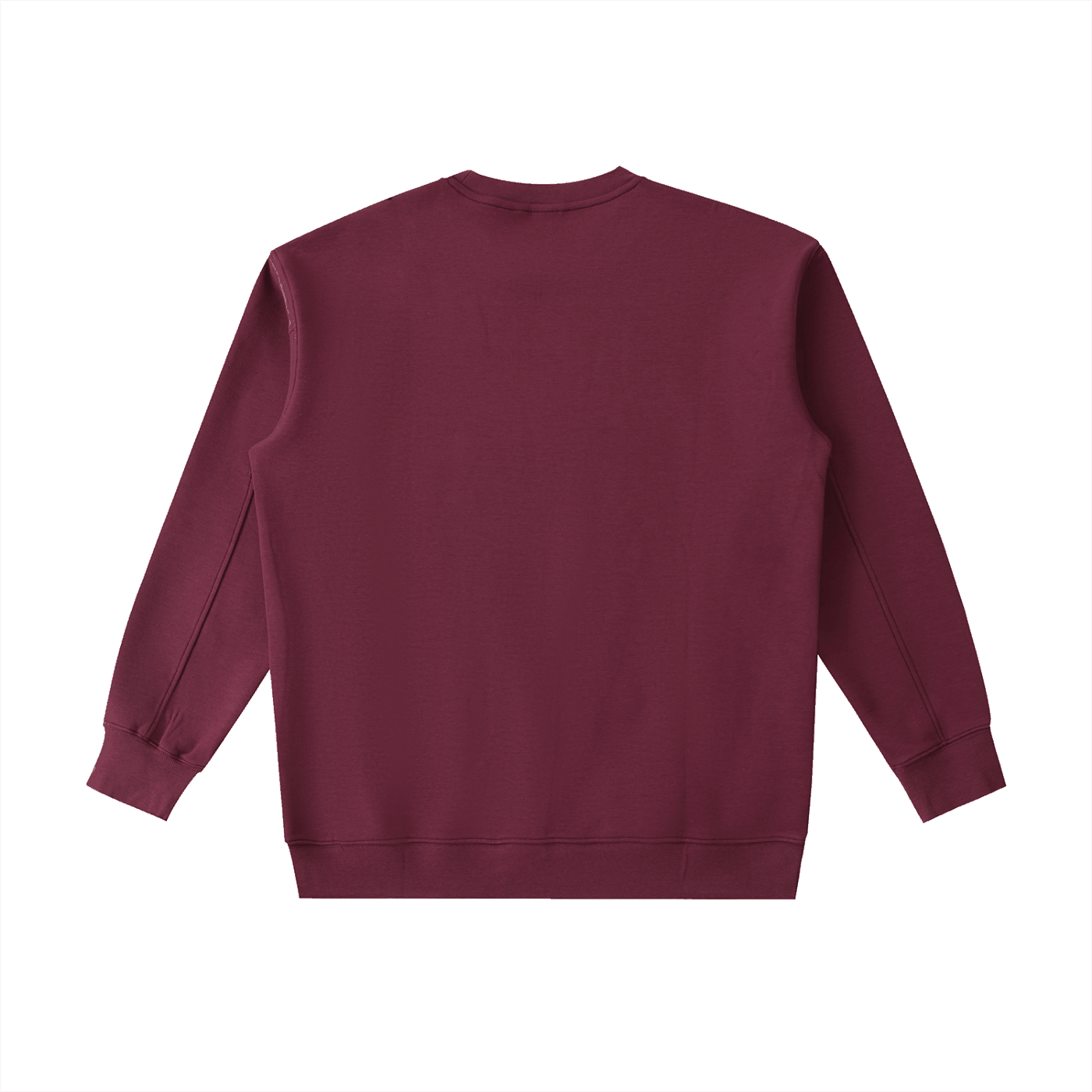 Maroon heavyweight crewneck sweatshirt with relaxed fit and drop shoulder design, made from soft cotton-blend fabric.