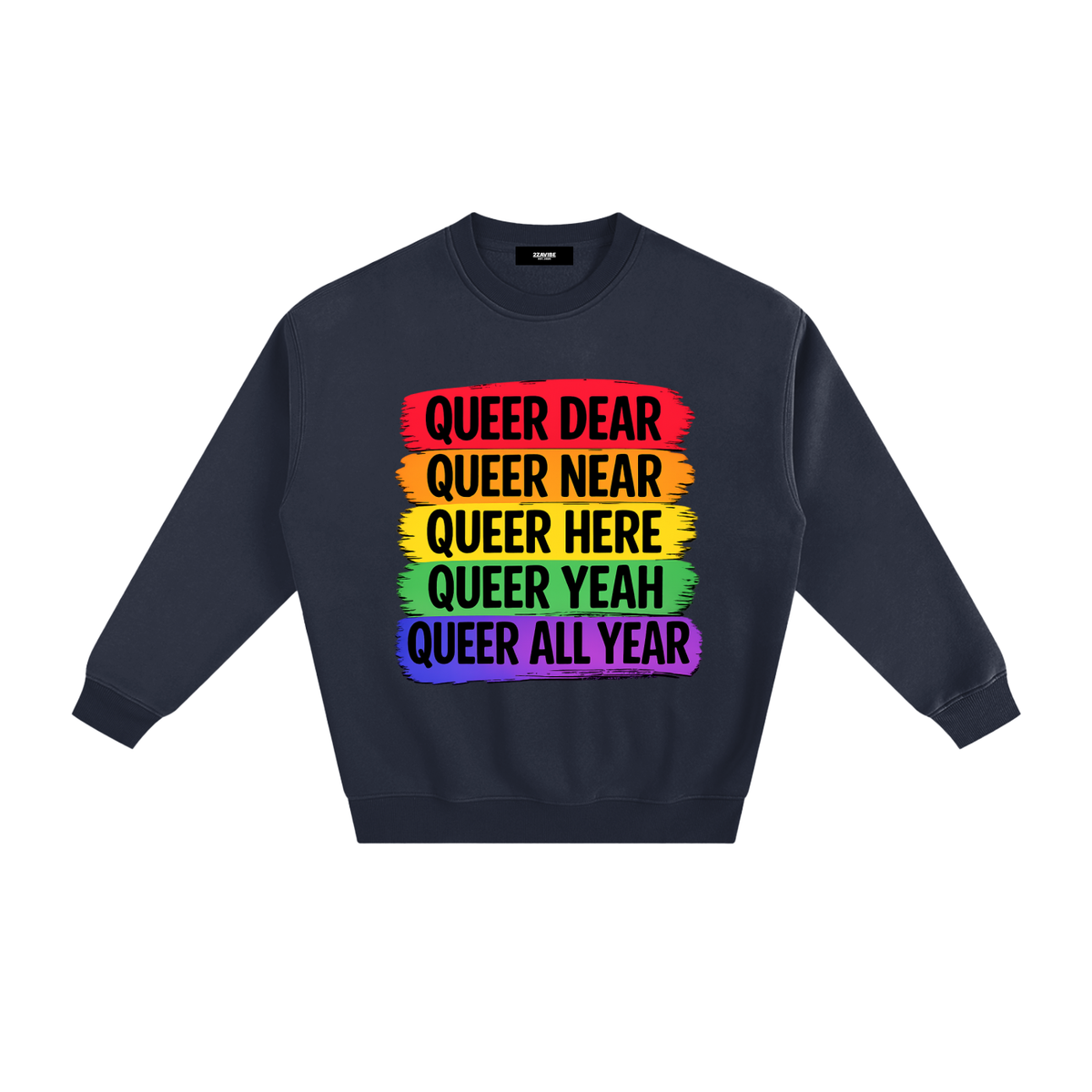Queer All Year Fleece Sweatshirt in Navy Blue, unisex streetwear