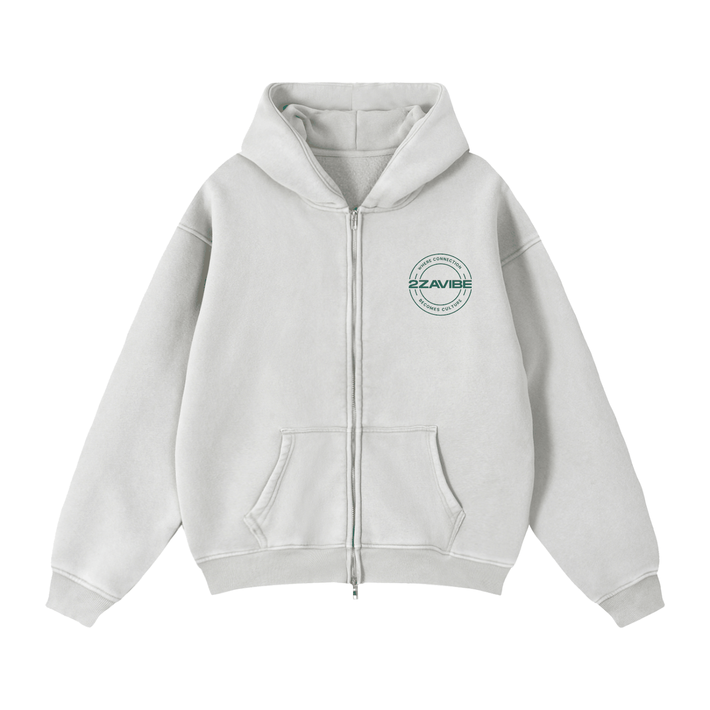 Light gray zip-through boxy fleece hoodie with front pockets and hood, featuring a small green logo on the chest.