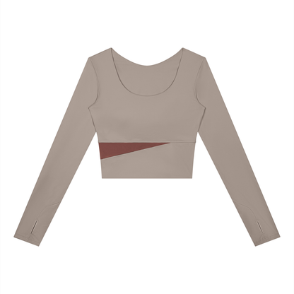 Block Long-Sleeve Crop Top in Gray Purple with Brick Red, women's activewear
