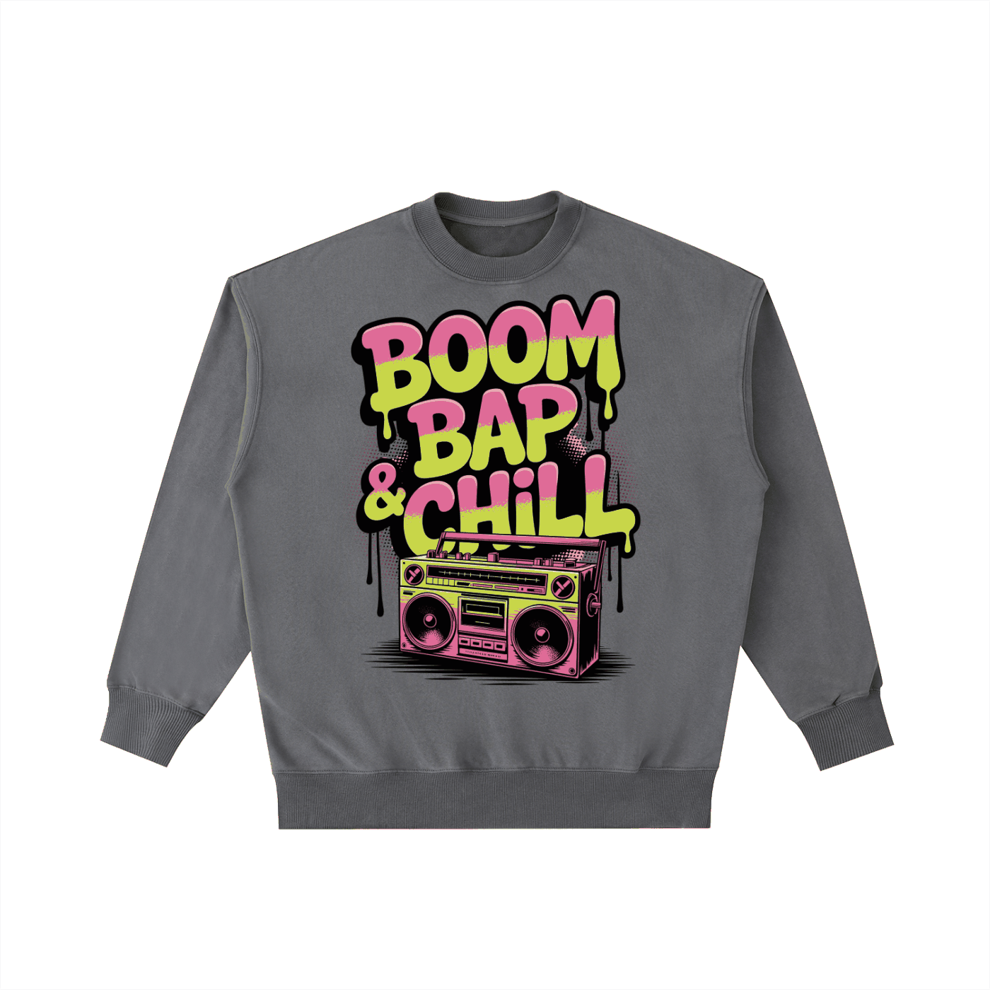 Boom Bap Chill vintage washed heavyweight charcoal crewneck sweatshirt with colorful retro graphic design