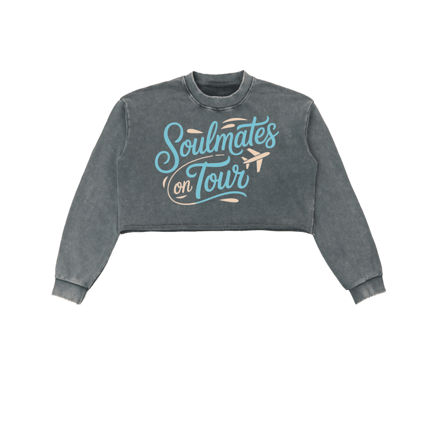 Soulmates on Tour cropped sweatshirt with raw edge, long sleeves, and snow washed cotton fabric in gray