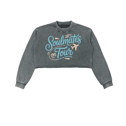 Soulmates on Tour cropped sweatshirt with raw edge, long sleeves, and snow washed cotton fabric in gray