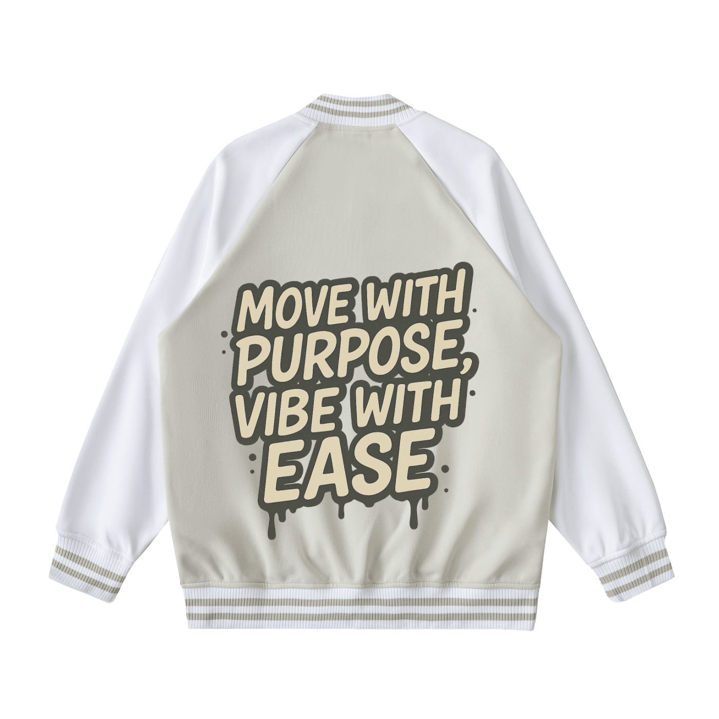 Two tone raglan sleeve varsity jacket with graphic text "Move with purpose, vibe with ease" on back