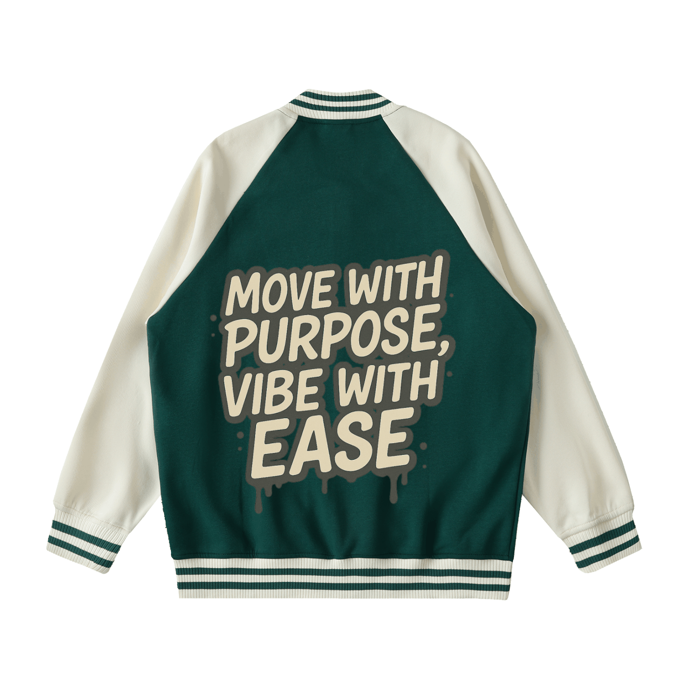 Two tone raglan sleeve varsity jacket with green body, white sleeves, and "Move with purpose, vibe with ease" text on back