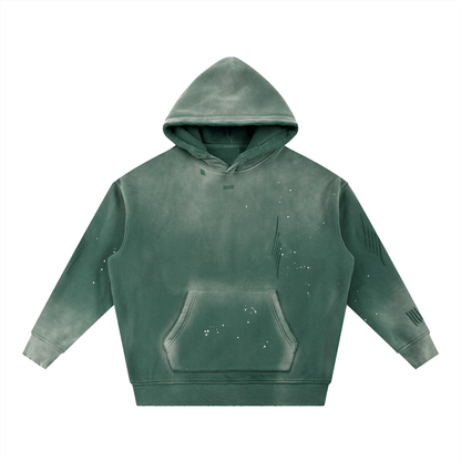 Vintage Washed Frayed Hoodie in green with distressed details and relaxed fit, cozy fleece streetwear hoodie