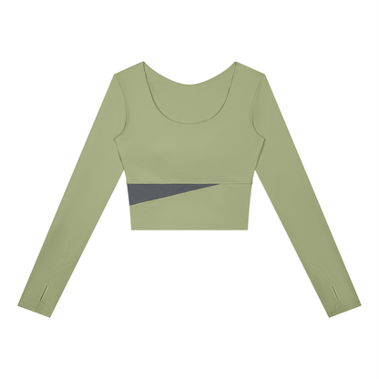 Block Long-Sleeve Crop Top in Bean Green with Dark Gray, women's activewear