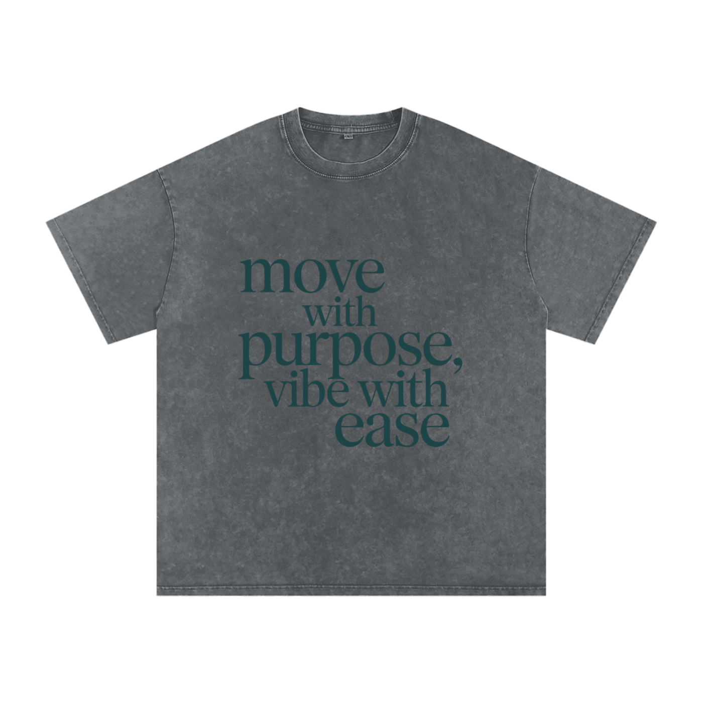 Snow Washed Oversized Cotton T-Shirt in dark gray with "move with purpose, vibe with ease" text, soft breathable fabric, relaxed loose fit.
