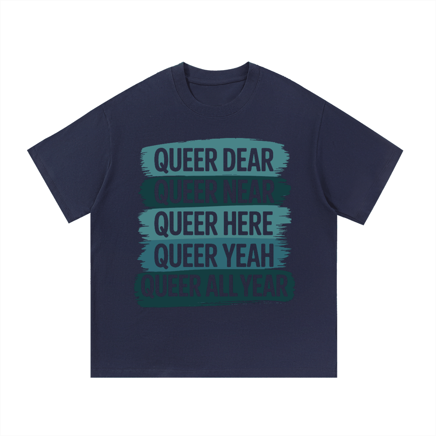 Navy blue Essential Cotton T Shirt with queer-themed text print, comfortable casual basic tee