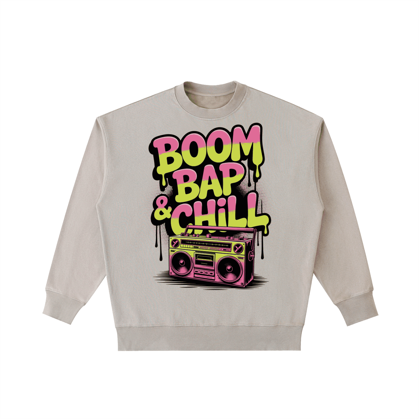 Boom Bap Chill vintage washed heavyweight crewneck sweatshirt with retro boombox graphic and colorful text design