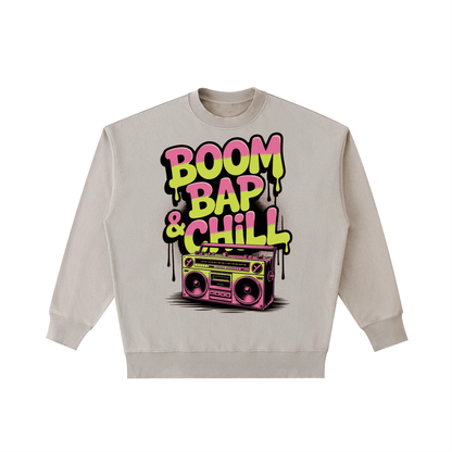Boom Bap Chill vintage washed heavyweight crewneck sweatshirt with retro boombox graphic and colorful text design