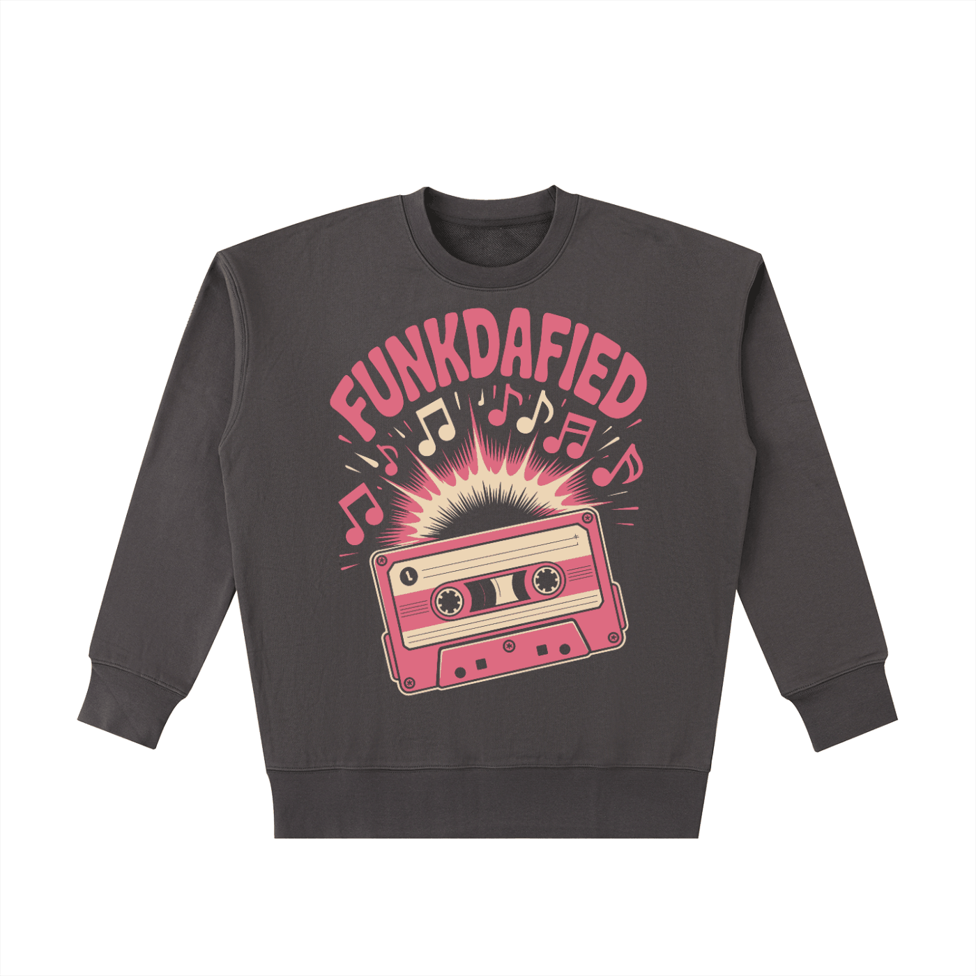 Funkdafied Essential Heavyweight Cotton Sweatshirt with retro cassette tape graphic and oversized streetwear fit