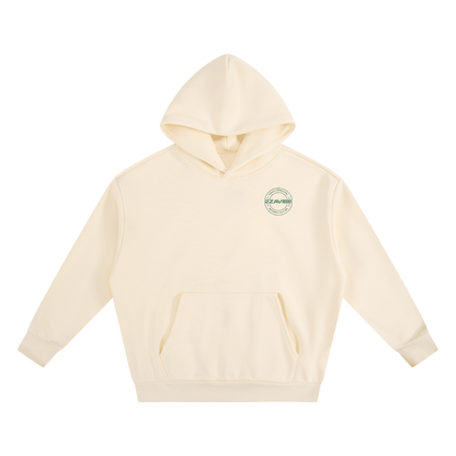 Move with Purpose Cropped Cotton-Blend Oversized Hoodie in cream with front pocket and green logo print