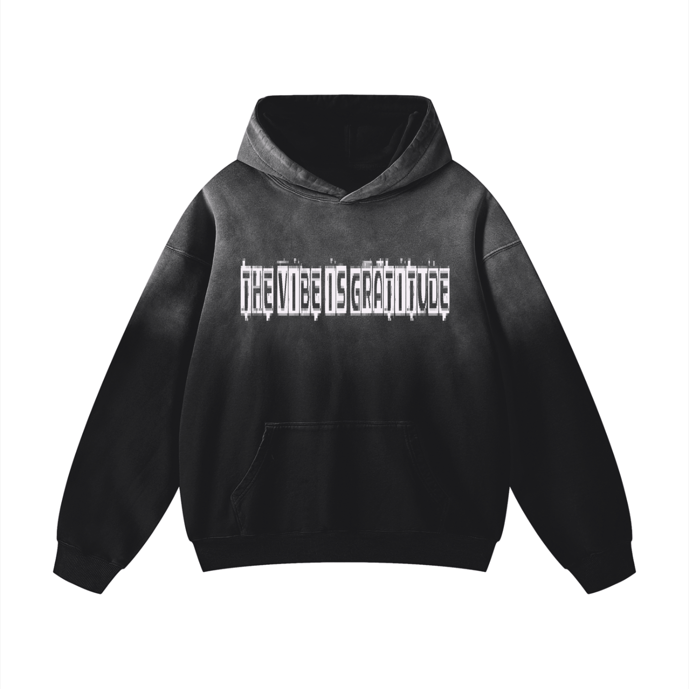Black oversized heavyweight cotton hoodie with sunfade effect and gratitude text print on front