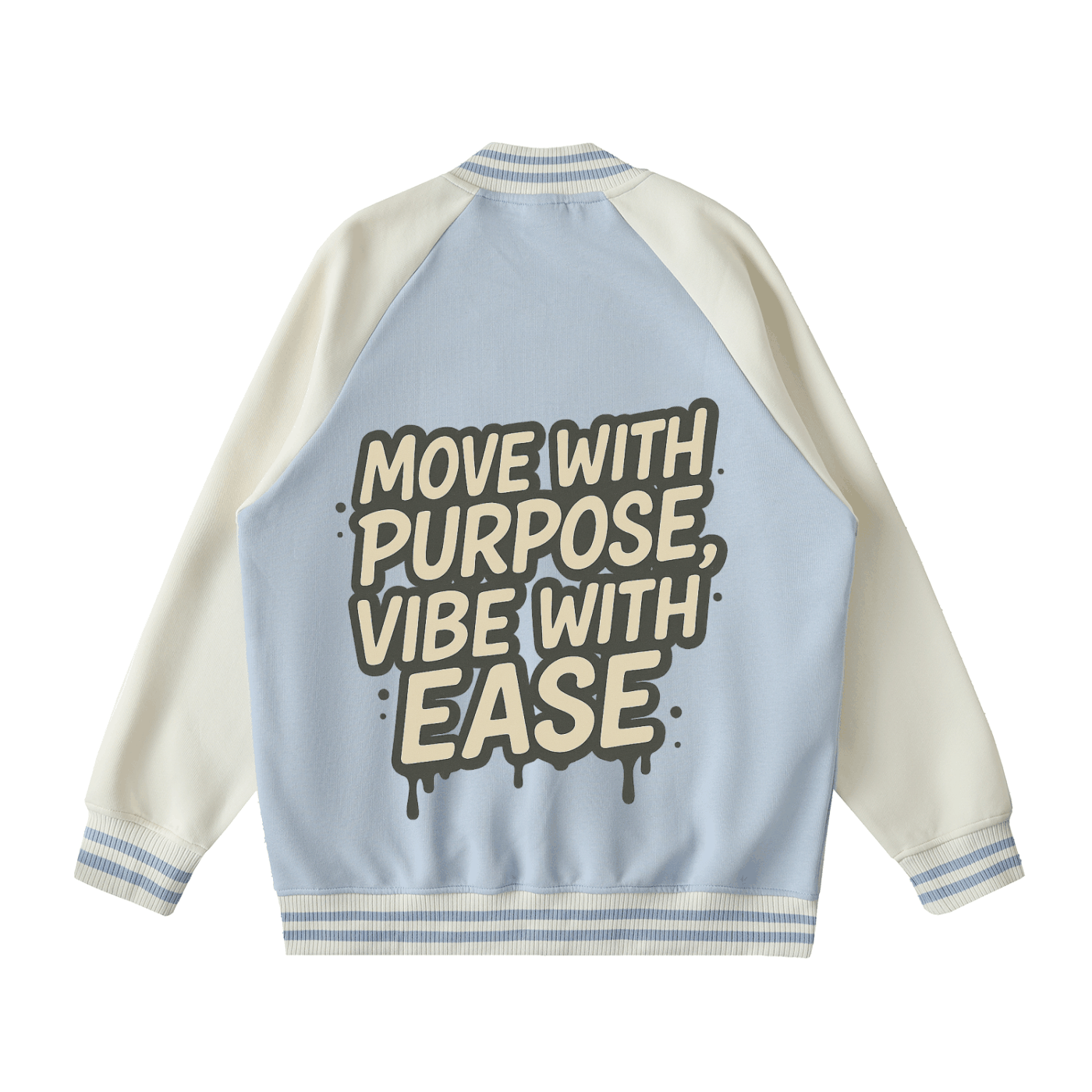 Two Tone Raglan Sleeve Varsity Jacket with "Move with Purpose, Vibe with Ease" text on back in blue and white cotton blend fabric