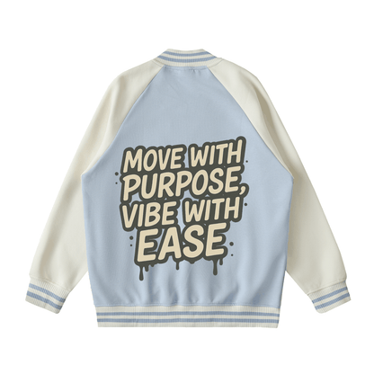 Two Tone Raglan Sleeve Varsity Jacket with "Move with Purpose, Vibe with Ease" text on back in blue and white cotton blend fabric