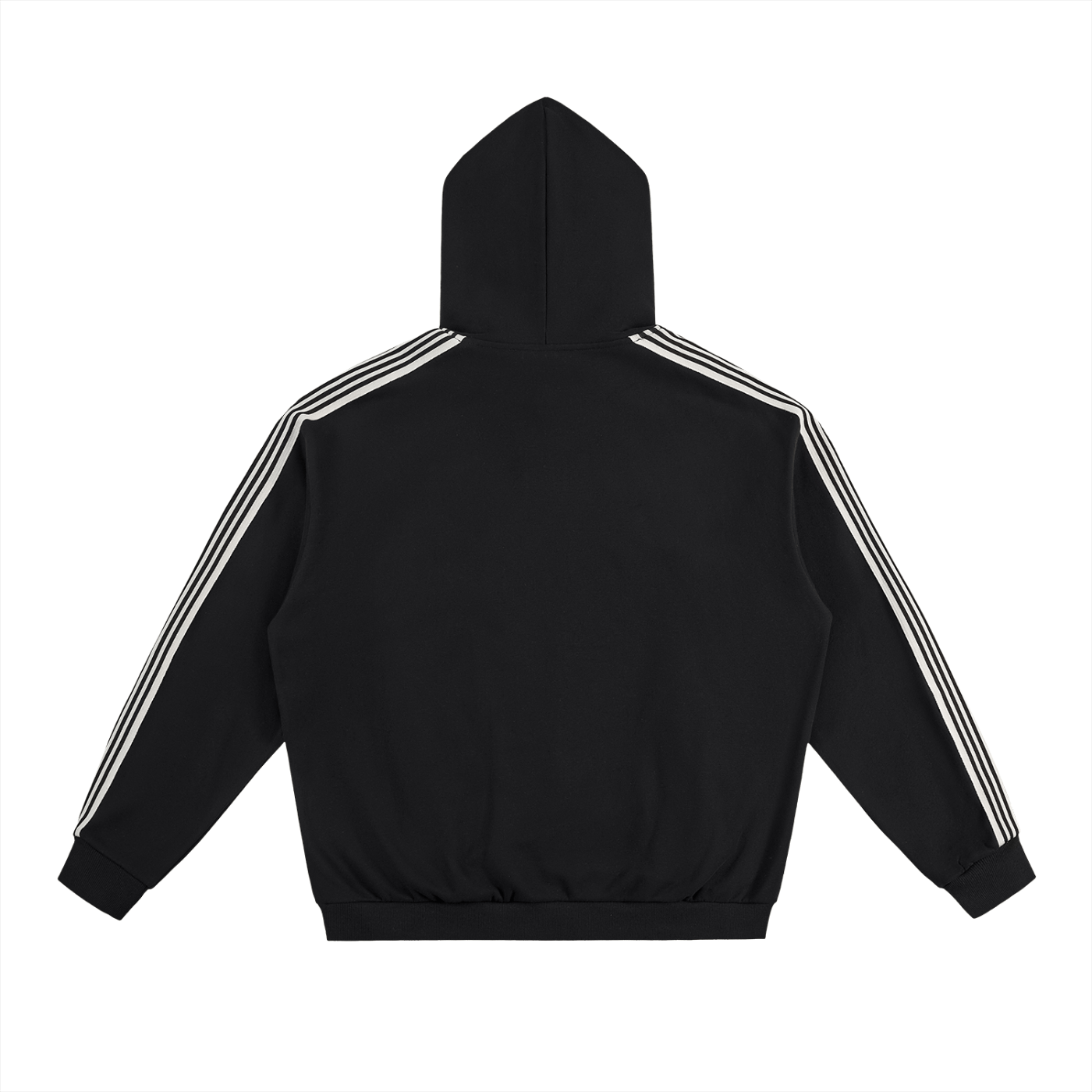 Black Vibe Society Hoodie with white side stripes and drop-shoulder design, cozy oversized fit.