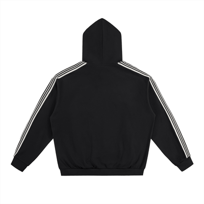 Black Vibe Society Hoodie with white side stripes and drop-shoulder design, cozy oversized fit.