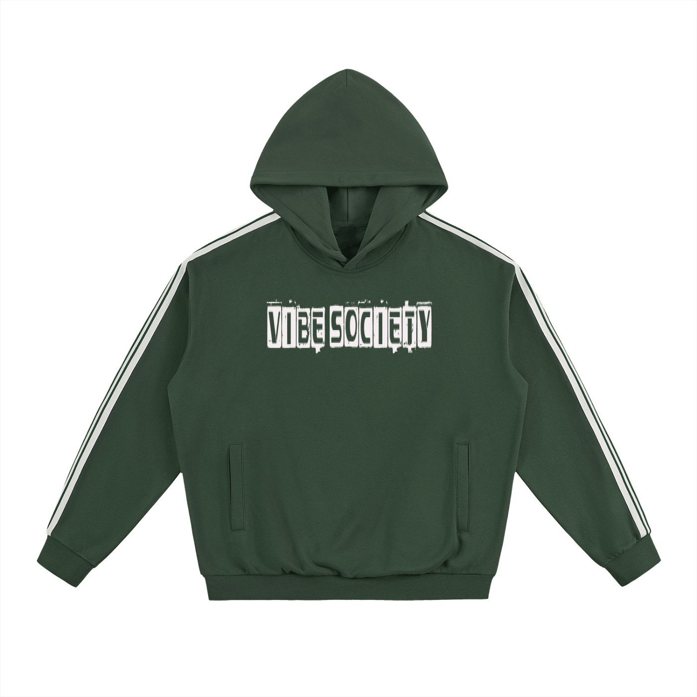 Vibe Society unisex oversized dark green hoodie with side white stripes and front logo print