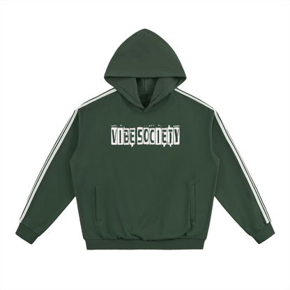 Vibe Society unisex oversized dark green hoodie with side white stripes and front logo print