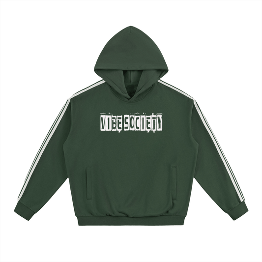 Vibe Society unisex oversized dark green hoodie with side white stripes and front logo print
