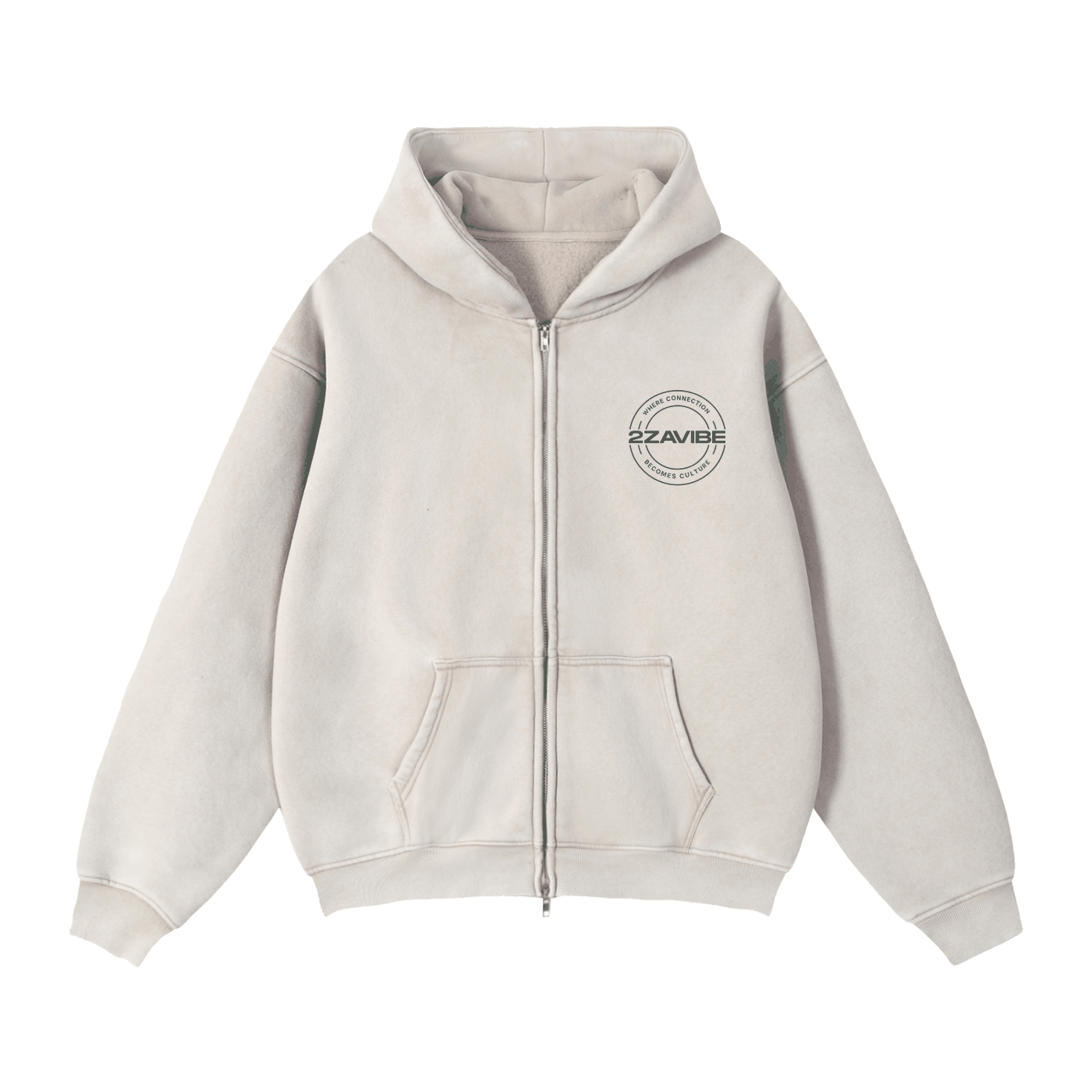 Light grey zip-through boxy fleece hoodie with hood and front pockets, unisex casual streetwear.