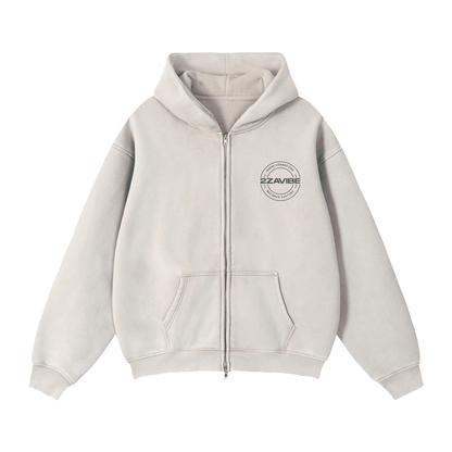 Light grey zip-through boxy fleece hoodie with hood and front pockets, unisex casual streetwear.