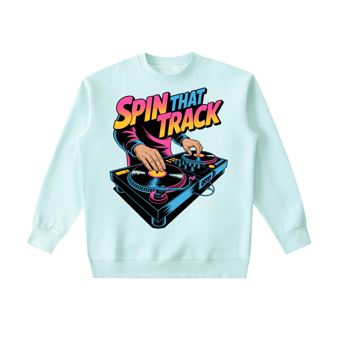 Heavyweight crewneck sweatshirt with colorful DJ turntable graphic and "Spin That Track" text, cotton-blend casual streetwear.
