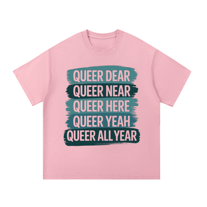 Pink Essential Cotton T Shirt with bold Queer All Year text design, casual unisex basic tee