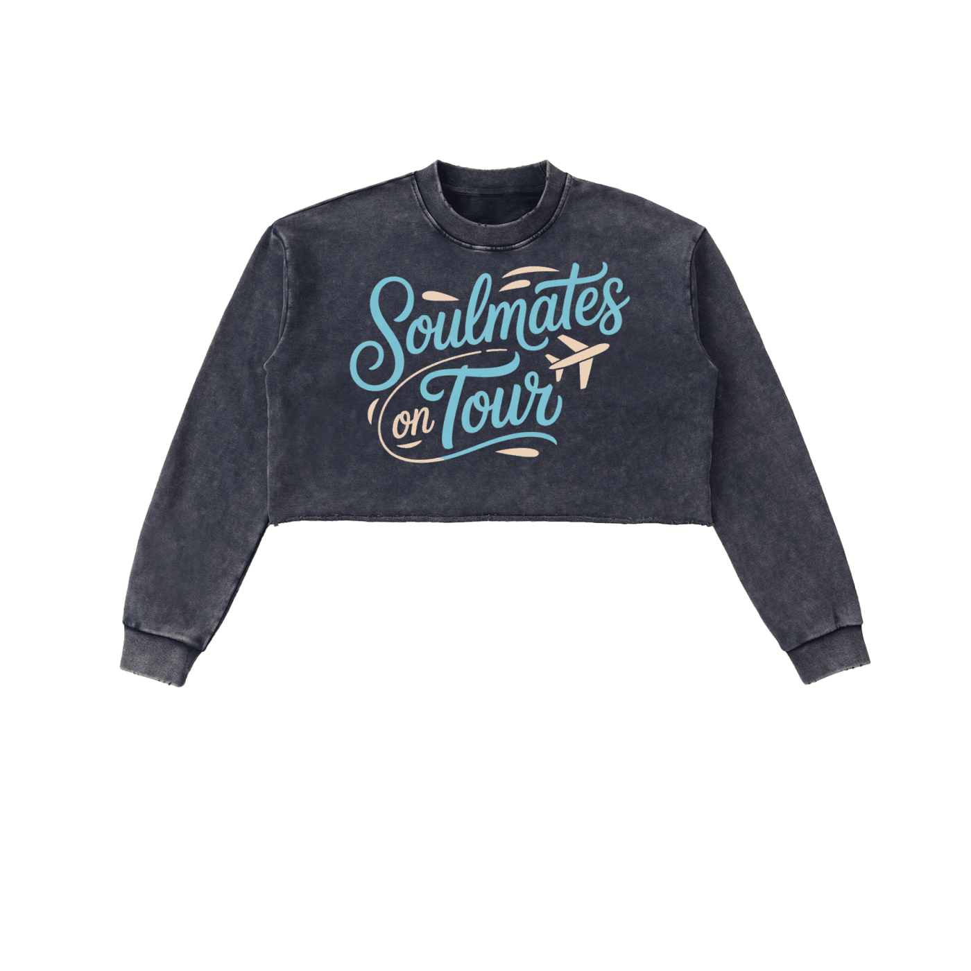 Soulmates on Tour snow washed raw edge cropped sweatshirt in black with blue and beige lettering, casual streetwear style.