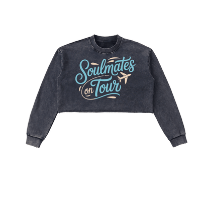 Soulmates on Tour snow washed raw edge cropped sweatshirt in black with blue and beige lettering, casual streetwear style.