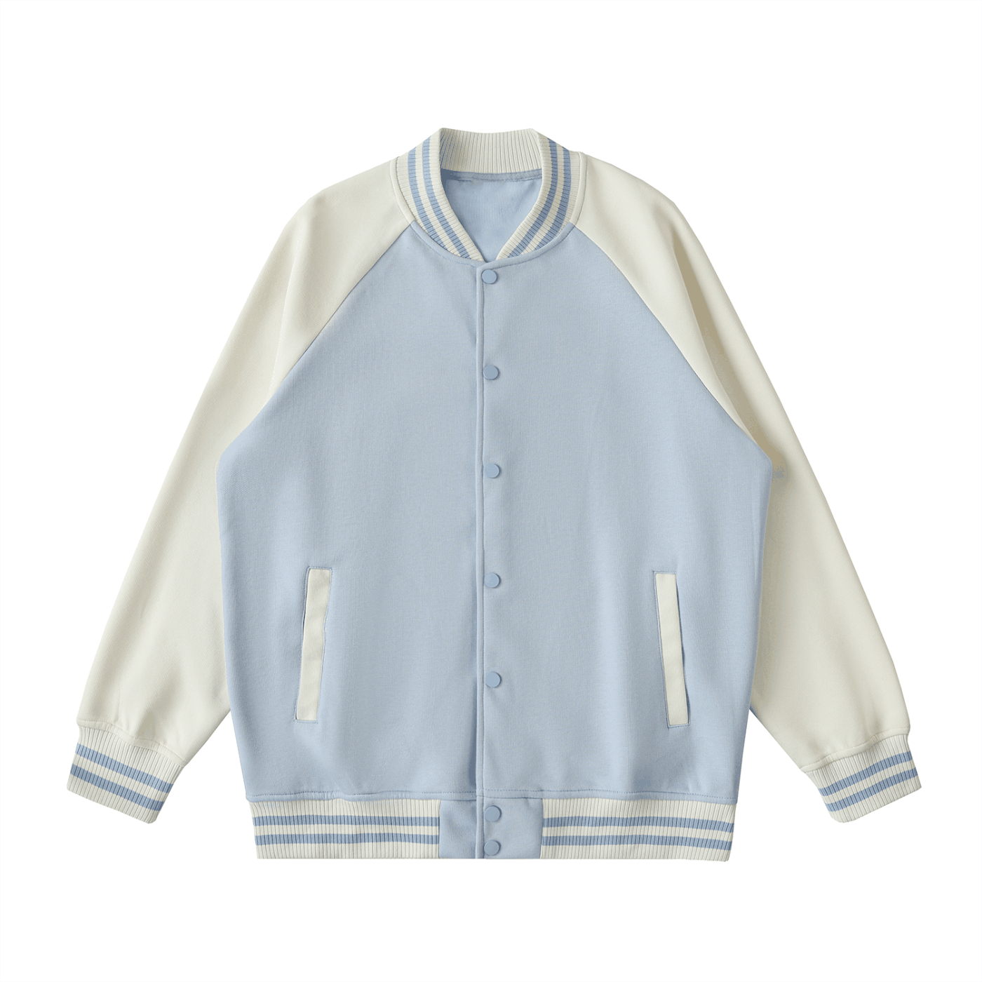 Two tone raglan sleeve varsity jacket in light blue and cream with button-up front and striped cuffs
